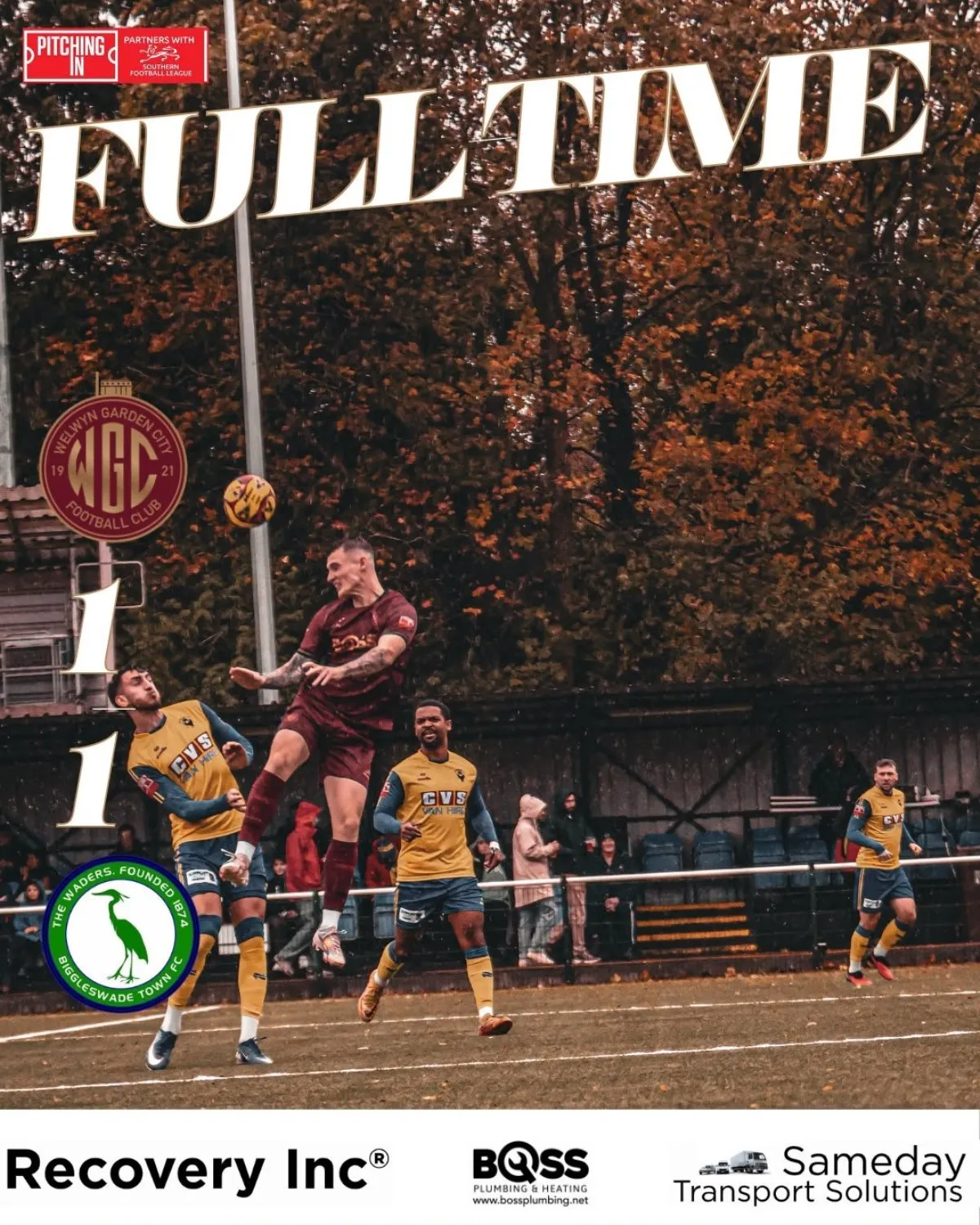 WGC players challenge for a header against Biggleswade Town